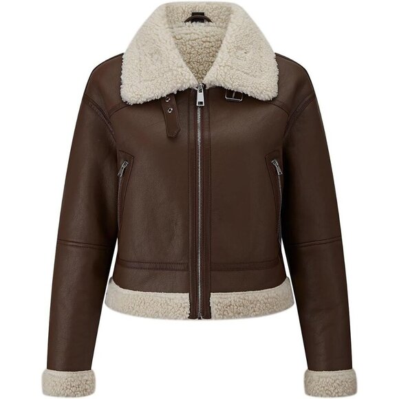 Jackets & Blazers - Women's Fur Leather Jacket Shearing Cropped Faux Fur Lined Moto Biker 155 Brown